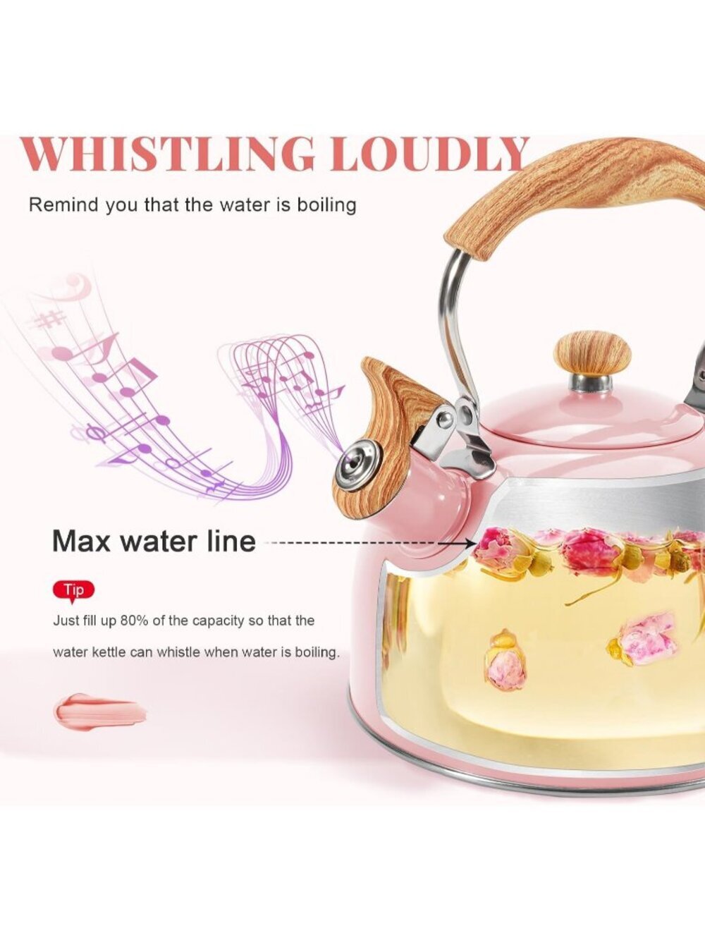 GGC Pink Stainless Steel Kettles 2.6QT Whistling Stove Top Folding Wood Handle - Picture 2 of 6